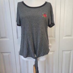 LOCAL LAB Black White Horizontal Striped Embroidered Rose Ringer Tie Shirt sz XL